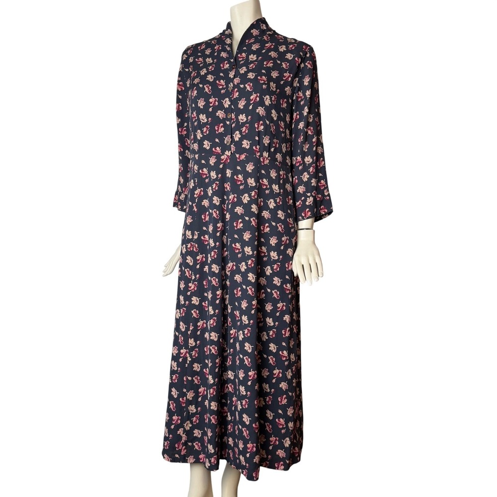 Sundance 100% Silk Maxi Dress Floral High Neck Navy Pink Cottagecore Boho Sz 14